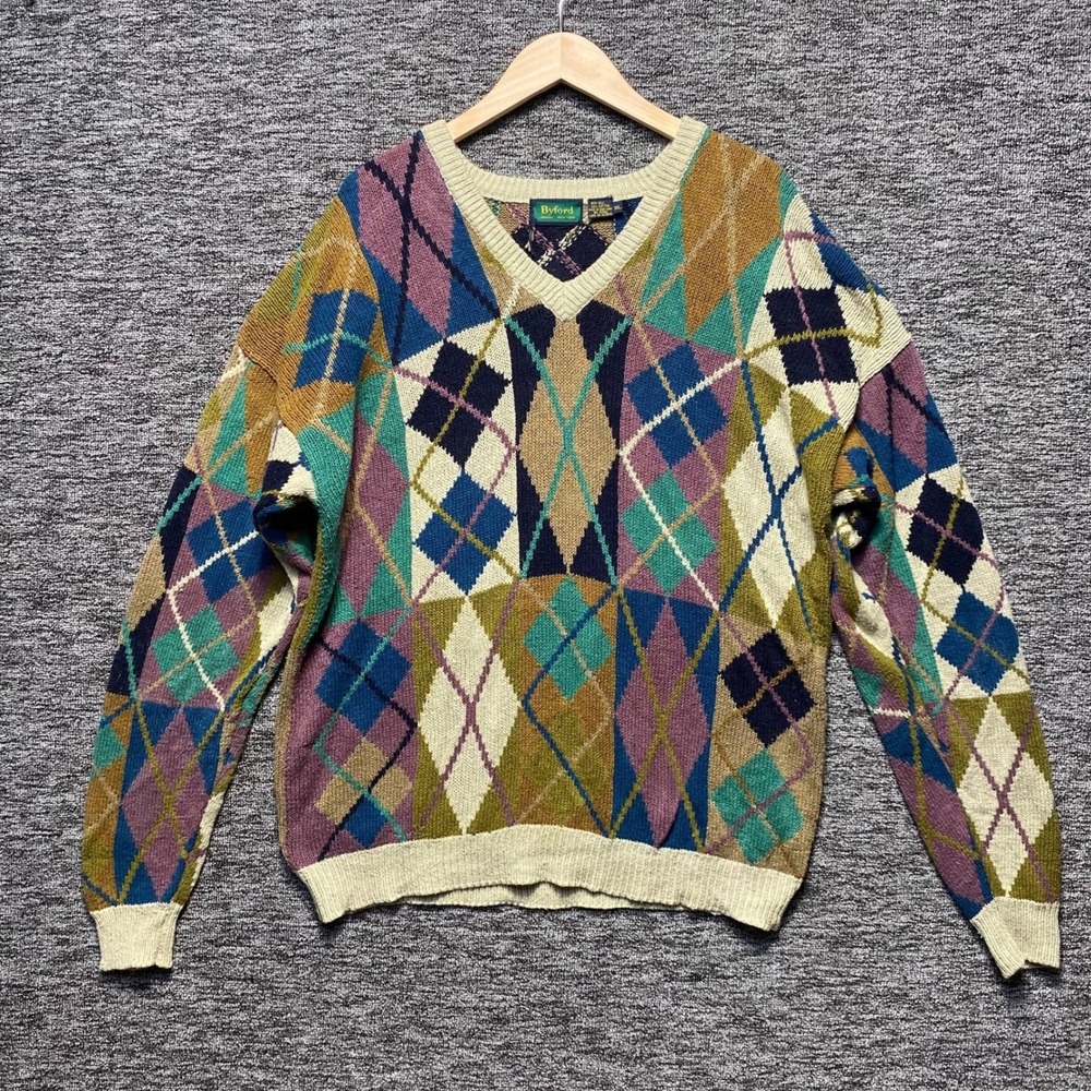 VTG Byford London Silk Cotton Argyle V Neck Sweater Sweater Men XL Grandpacore